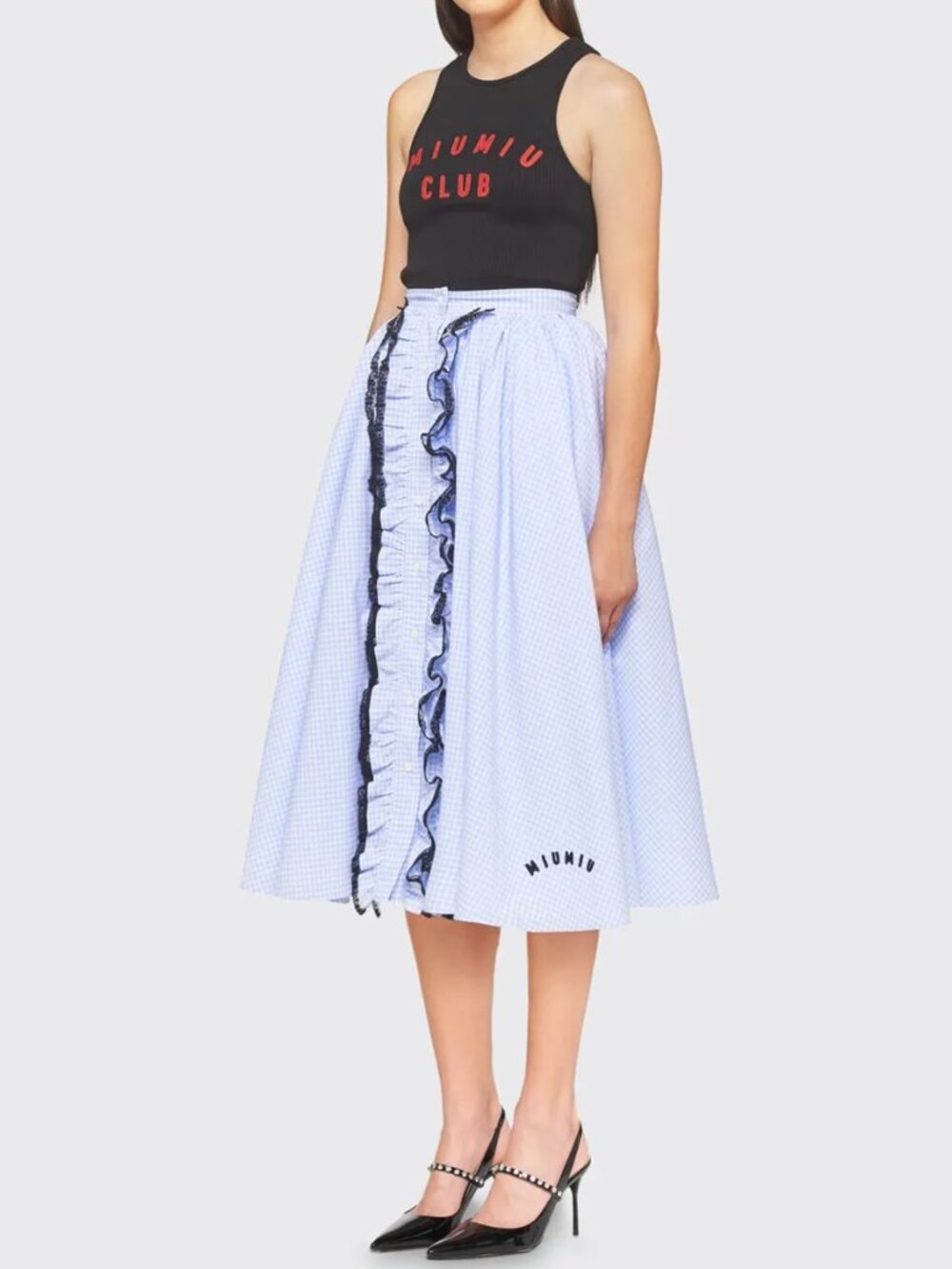 Miu Miu Gingham Ruffled Lace-Trimmed Midi Skirt - Picture 3 of 16